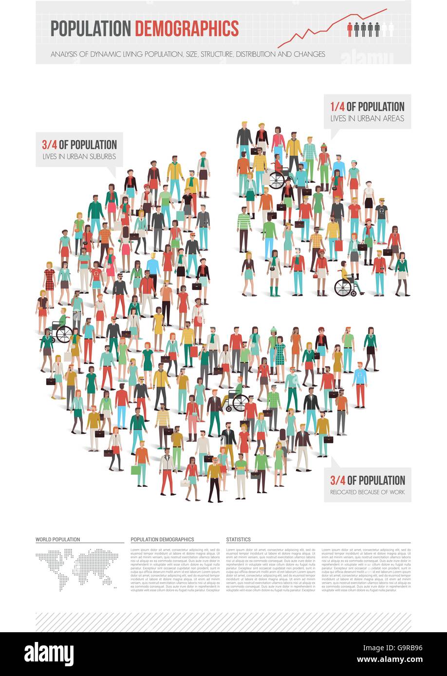 Population demographics report, pie chart composed of people, text and world map at bottom Stock Vector