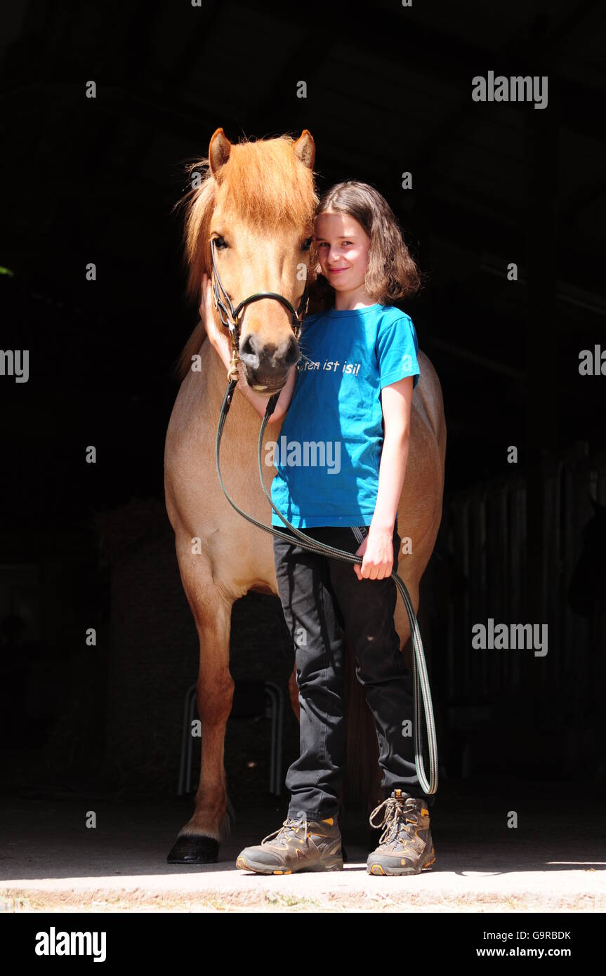 Icelandic Horse with girl, bridle Stock Photo