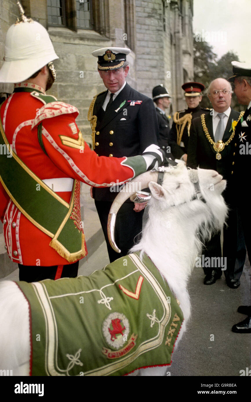 HRH The Prince of Wales talks with Goat Major David Joseph Bem with Goat Cpl 'Shenkin' of the 2Nd Battalion Royal Regiment of Wales on his arrival at Cardiff Castle Stock Photo