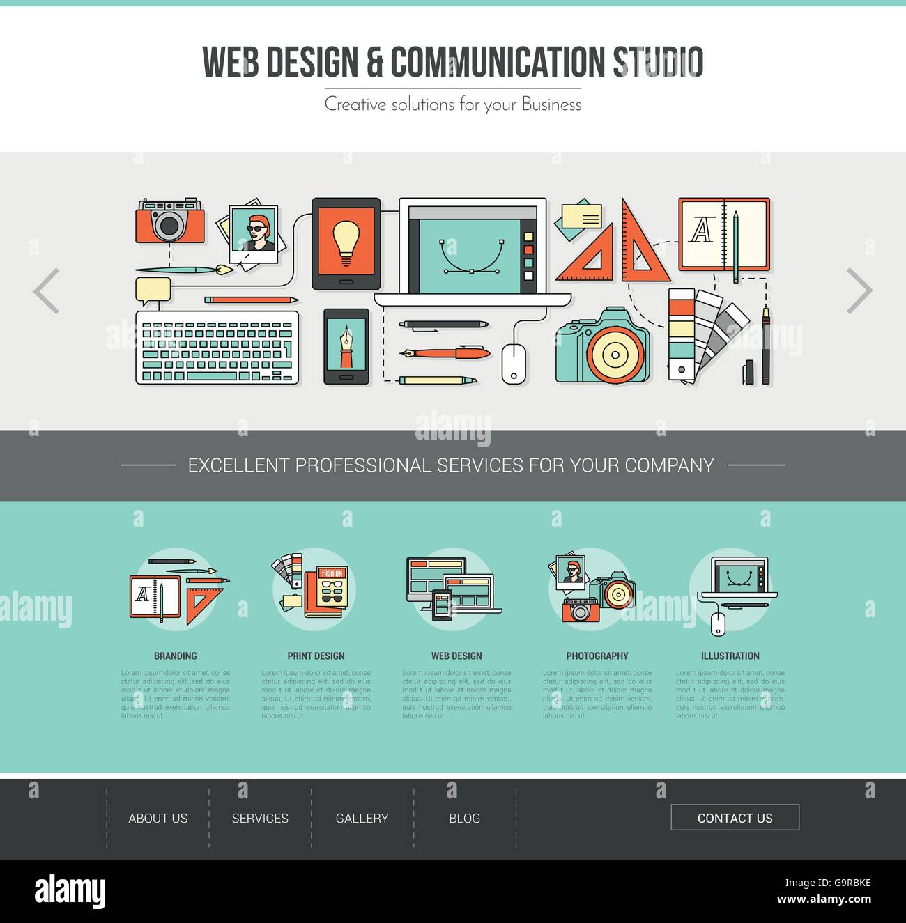 Graphic designer web template, advertising, communication and creativity concept Stock Vector
