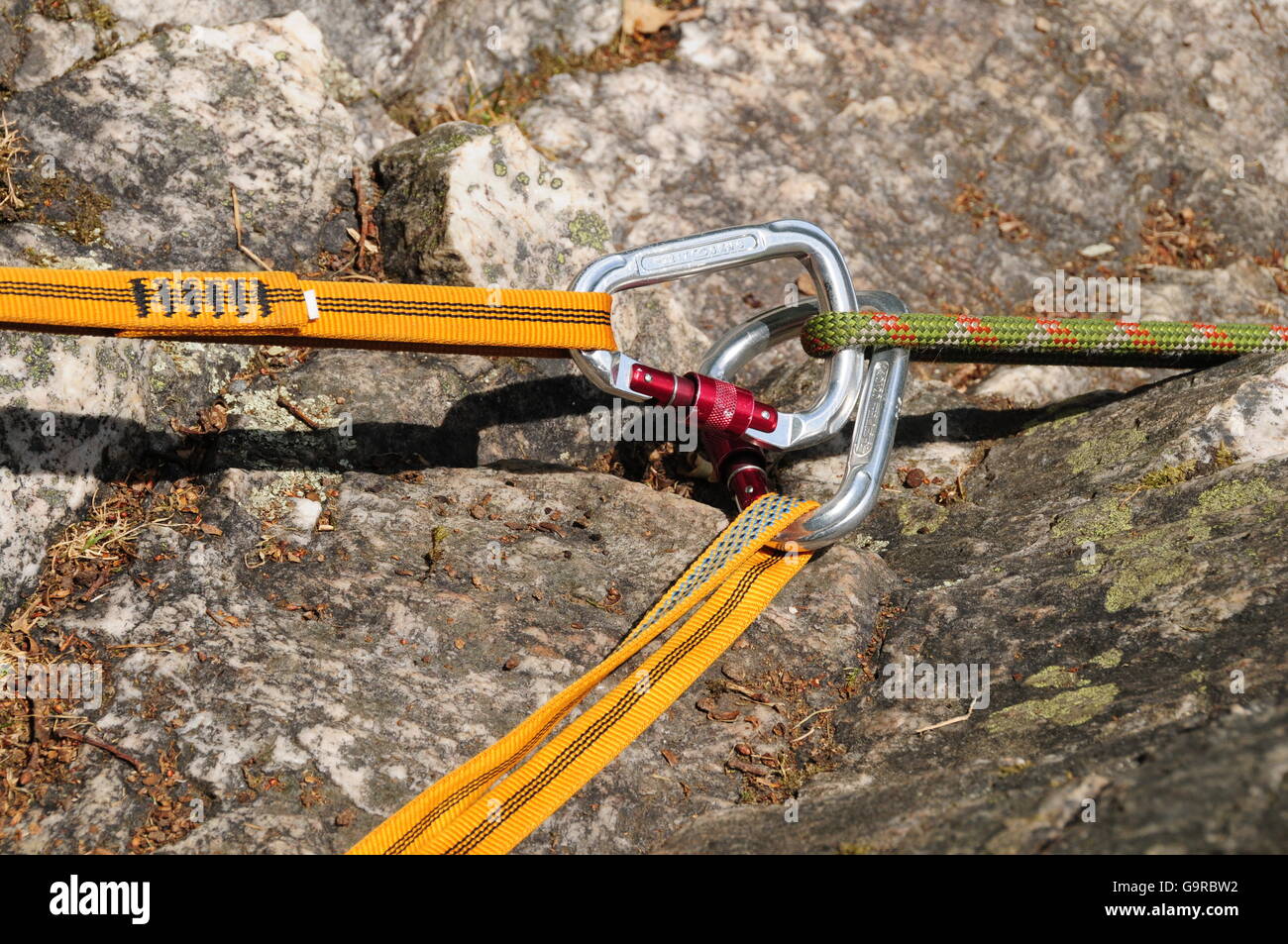 Rock Climbing, rope, carabiner, clip Stock Photo