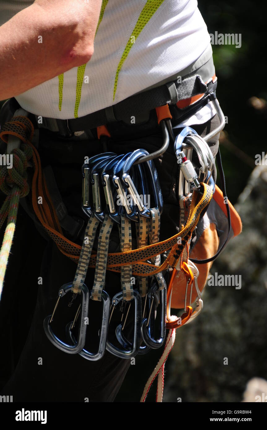 Climbing Equipment, quickdraw, quickdraws, climbing harness, sling, carabiner Stock Photo