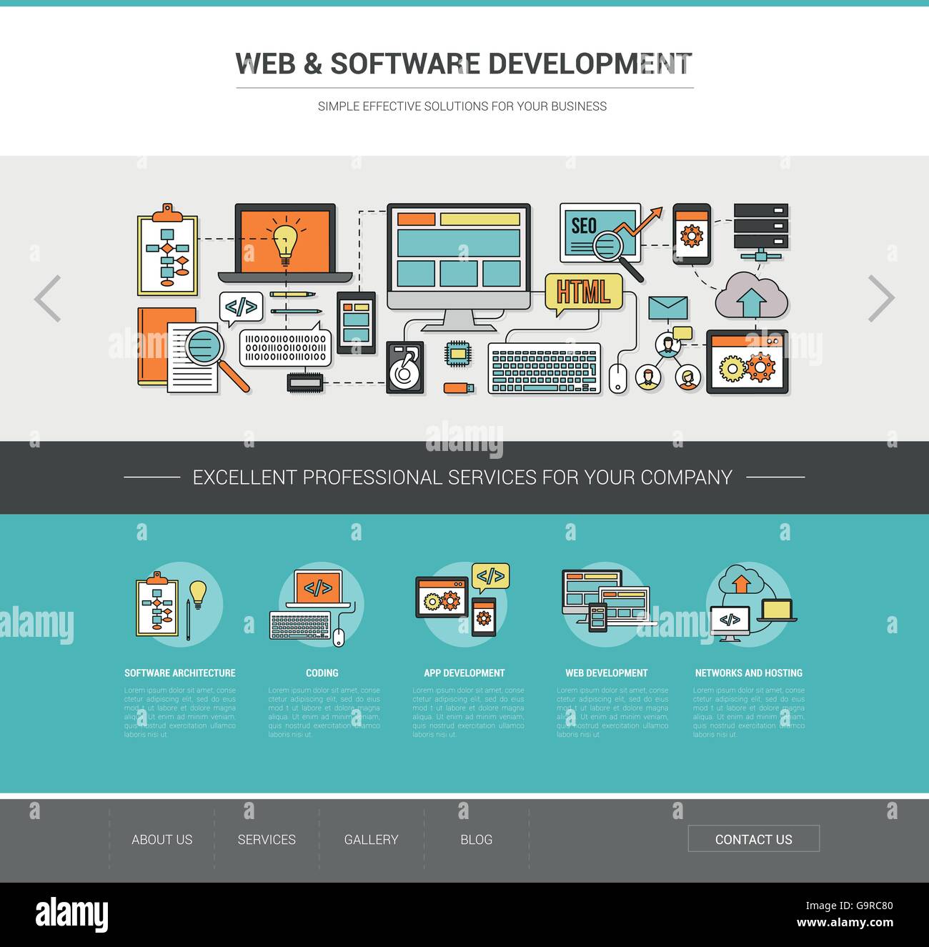 Web and software development template, coding, social network and hosting concept Stock Vector