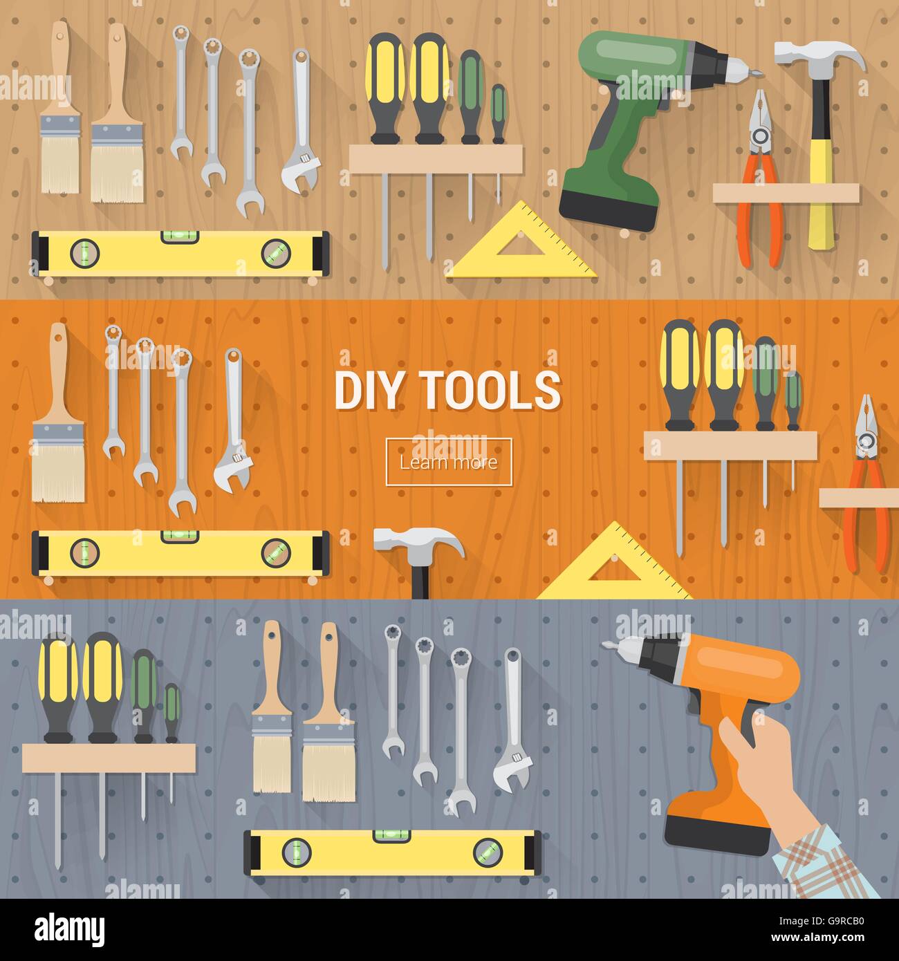 DIY tools for carpentry and home renovation hanging on a pegboard, banners set Stock Vector