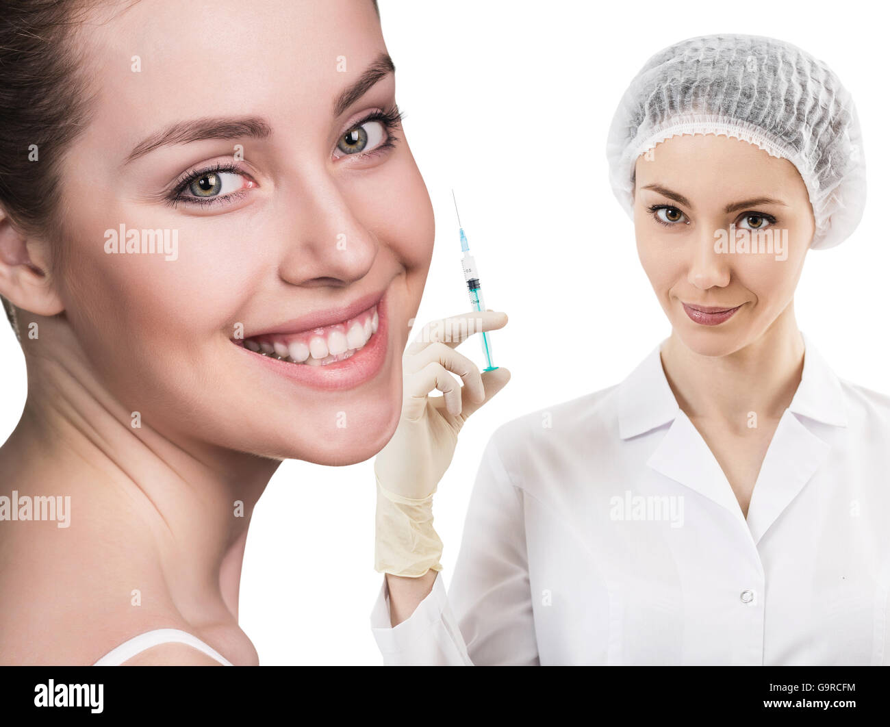 Beautiful woman face near doctor with syringe Stock Photo Alamy