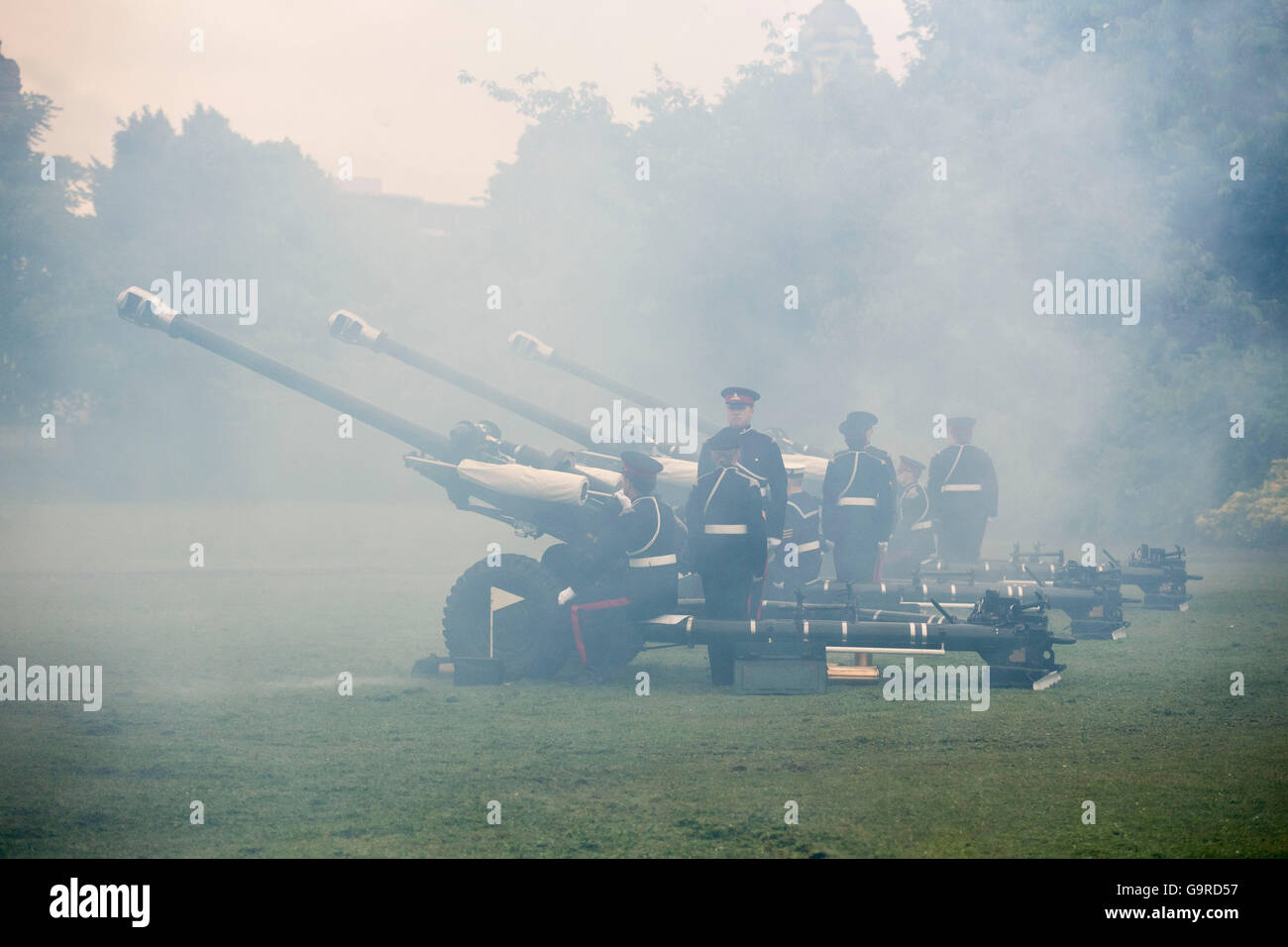 Ceremonial guns fire at a service to mark the 100th anniversary of the Battle of the Somme in Alexandra Gardens, Cardiff. Stock Photo