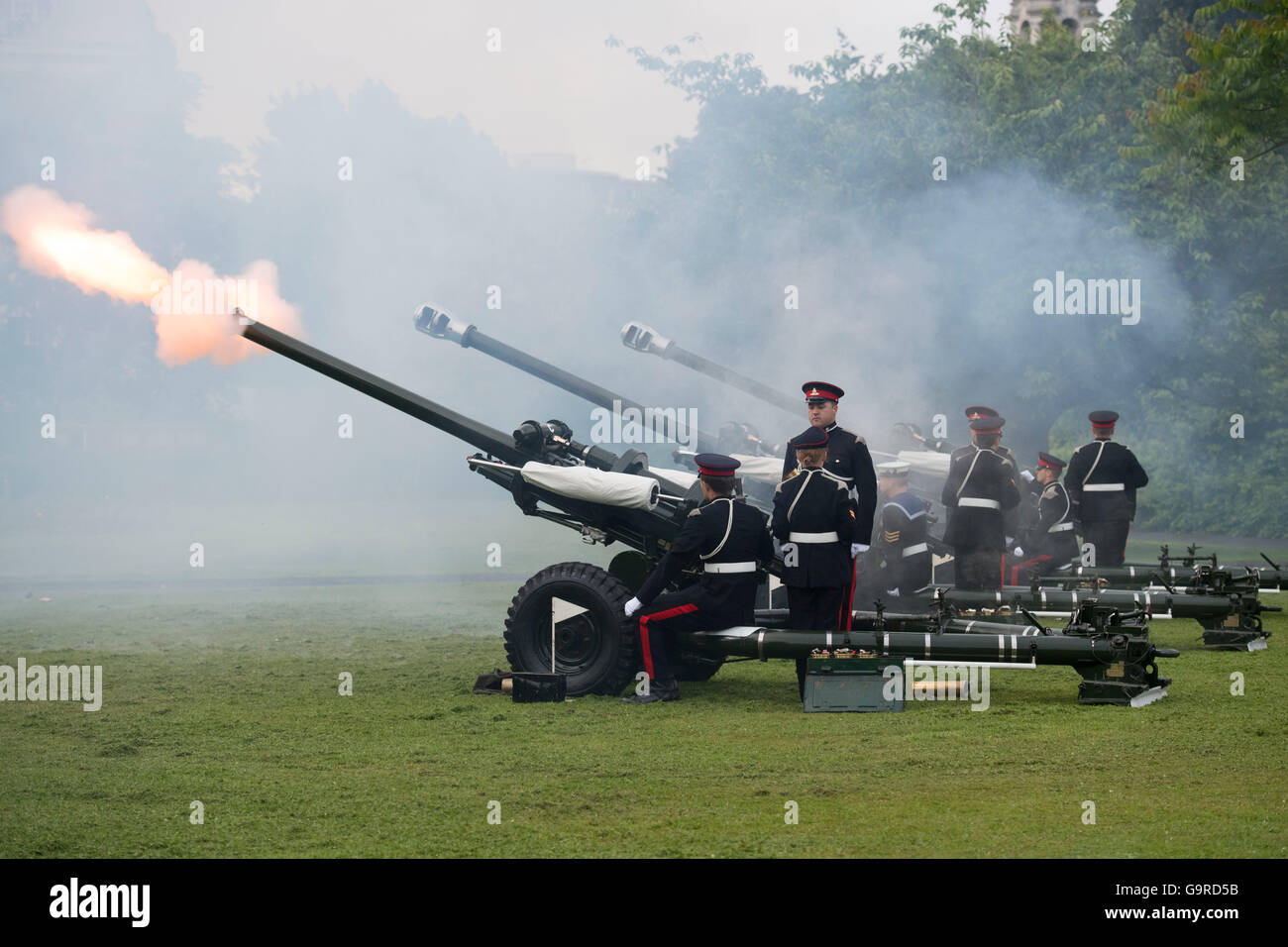 Ceremonial guns fire at a service to mark the 100th anniversary of the Battle of the Somme in Alexandra Gardens, Cardiff. Stock Photo