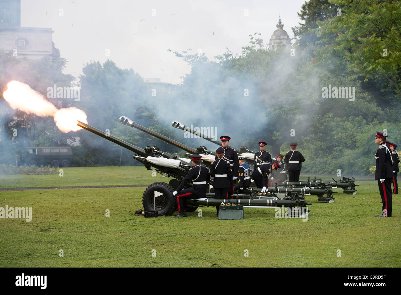 Ceremonial guns fire at a service to mark the 100th anniversary of the Battle of the Somme in Alexandra Gardens, Cardiff. Stock Photo