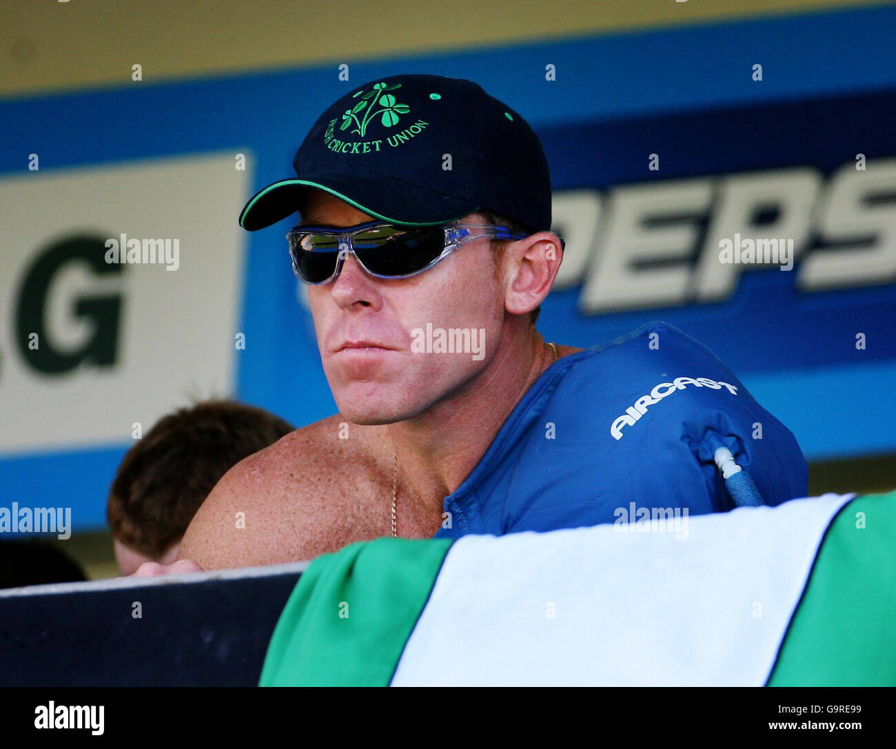 Ireland captain Trent Johnston watches from the balcony after being forced to sit out Ireland's final ICC Cricket World Cup 2007 Group D match against West Indies at Sabina Park, Kingston, Jamaica, with a shoulder injury. Stock Photo