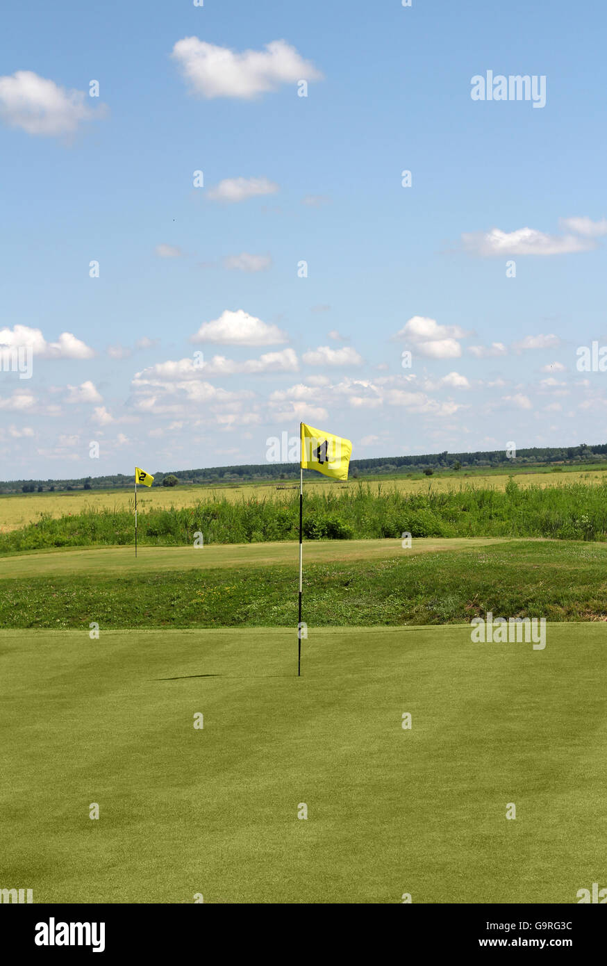 two golf yellow flag Stock Photo Alamy