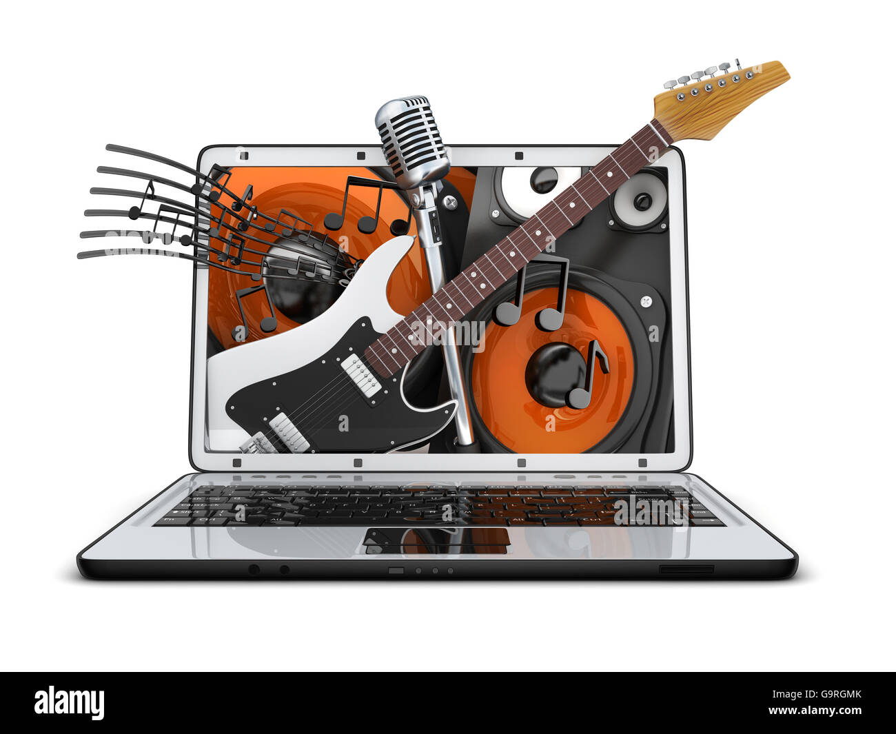 Abstract music in laptop (done in 3d rendering) Stock Photo