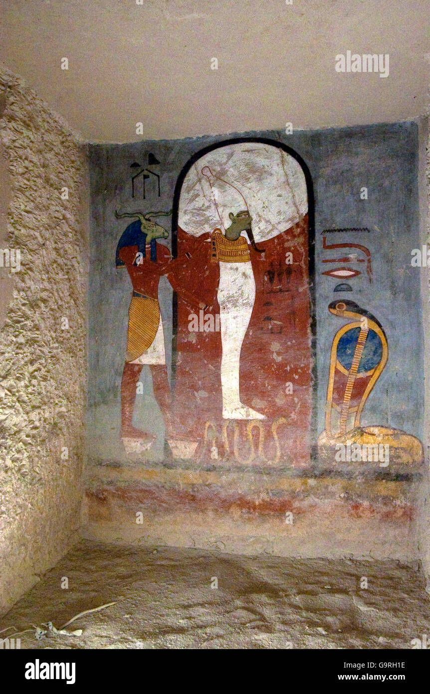 Mural painting, God Osiris, God Nesert, tomb of Ramses I, tomb number KV 16, grave, Valley of Kings, West-Thebes, Luxor, Egypt Stock Photo