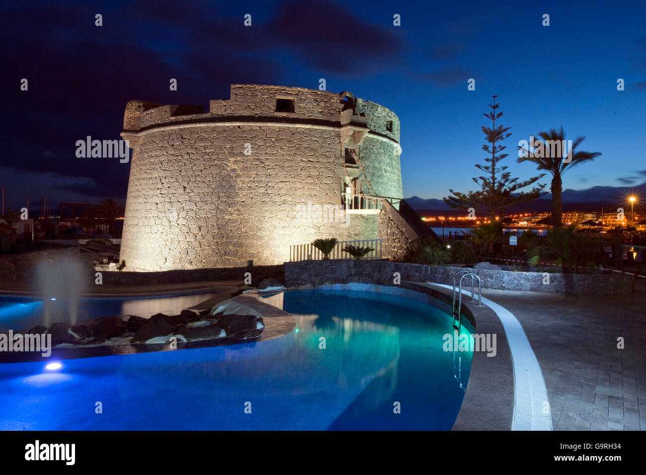 Spanish fortified tower, Barcelo Puertillo Resorts, Caleta del Fuste, Fuerteventura, Canaray Islands, Spain / Caleta de Fustes, El Castillo, 18th century Stock Photo