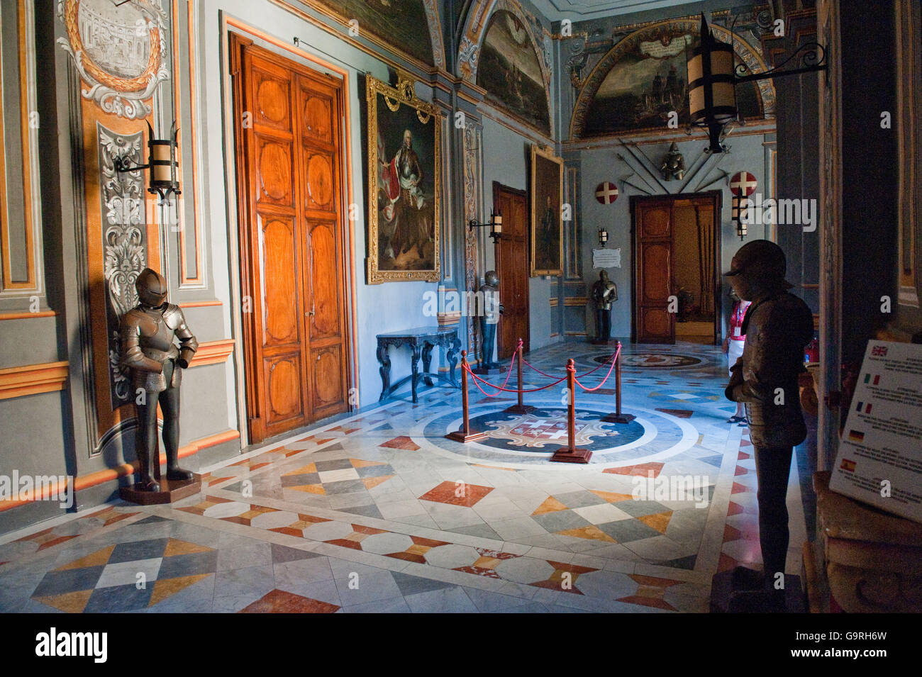 Armoury Corridor, hallway, knight's armour, Grandmaster's Palace, La Valletta, Malta / il-Belt Valetta, knight's armours, knight's armor, knight's armors, il-Palazz Stock Photo