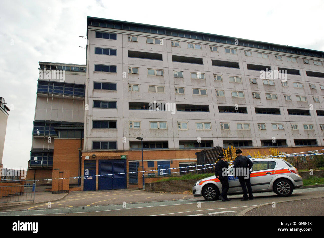 Police officers are seen in front of Blackthorn Court in Leytonstone