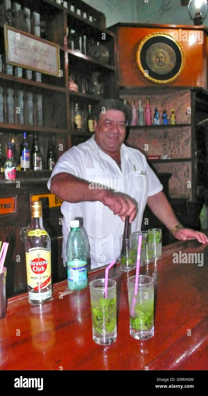 Barkeeper, mixing cocktails, cocktail bar, Bar del Medio, La Bodeguita, Havana, Cuba / bartender Stock Photo
