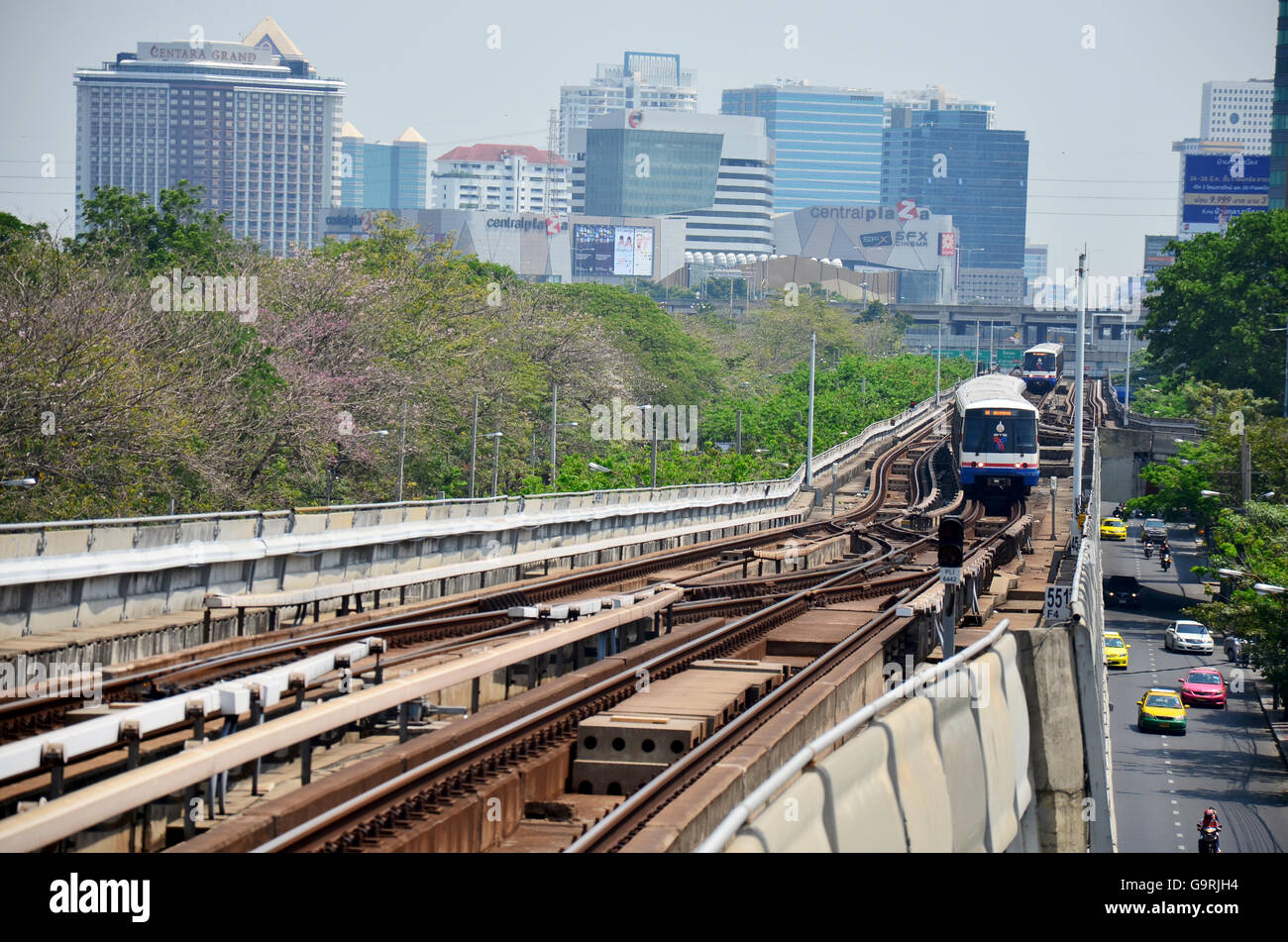 BTS or Skytrain stop receive people at Mochit station on April 3, 2016 in Bangkok Thailand Stock Photo