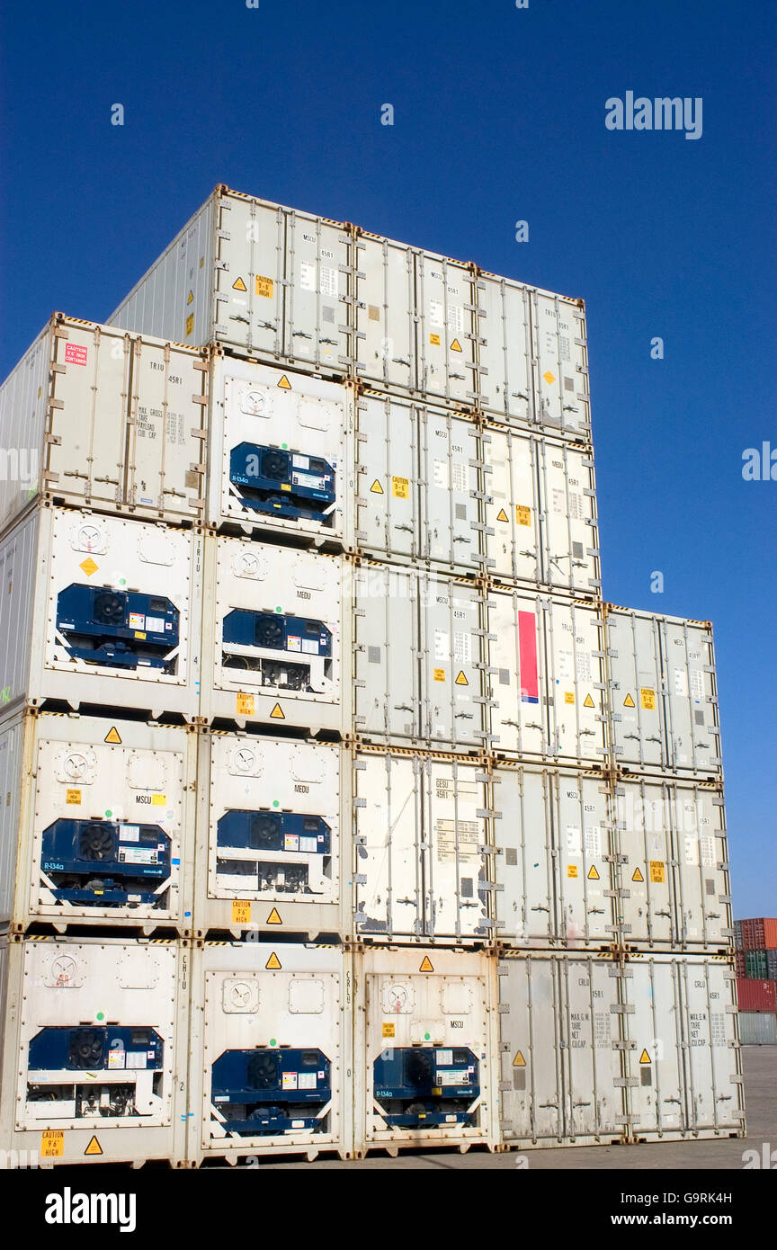 refrigerated containers for shipping stored awaiting loading at the port of Fos-sur-Mer near Marseille Stock Photo