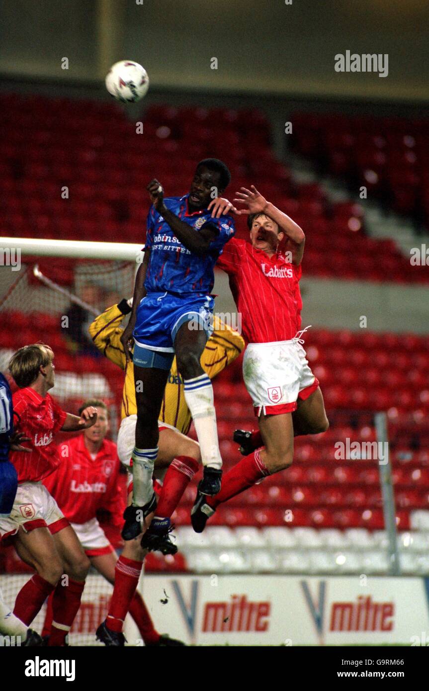 COCA COLA CUP. CARL TILER (NOTTINGHAM FOREST) GOES UP WITH KEVIN