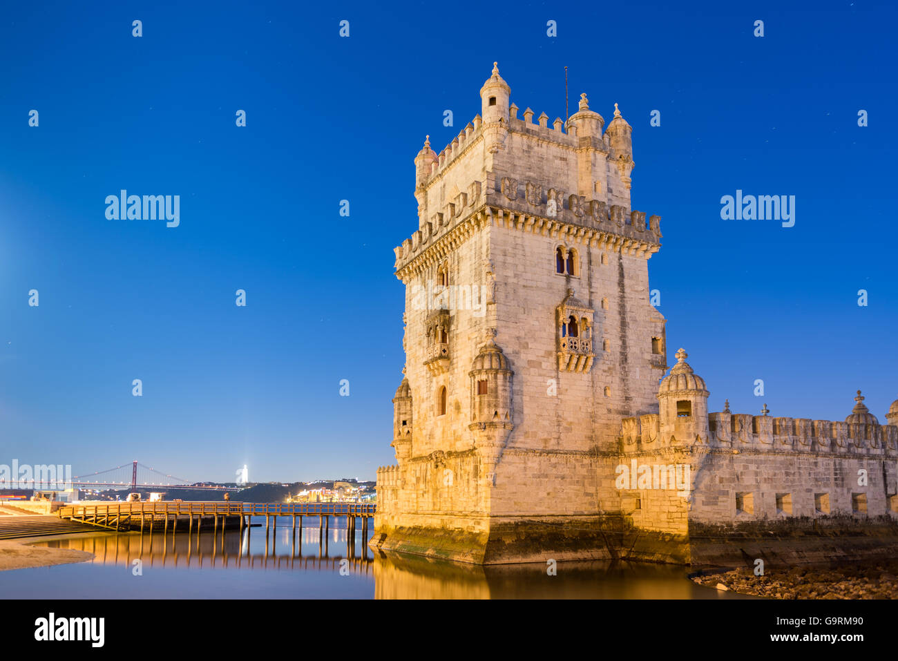 Lisbon, Portugal at Belem Tower on the Tagus River. Stock Photo