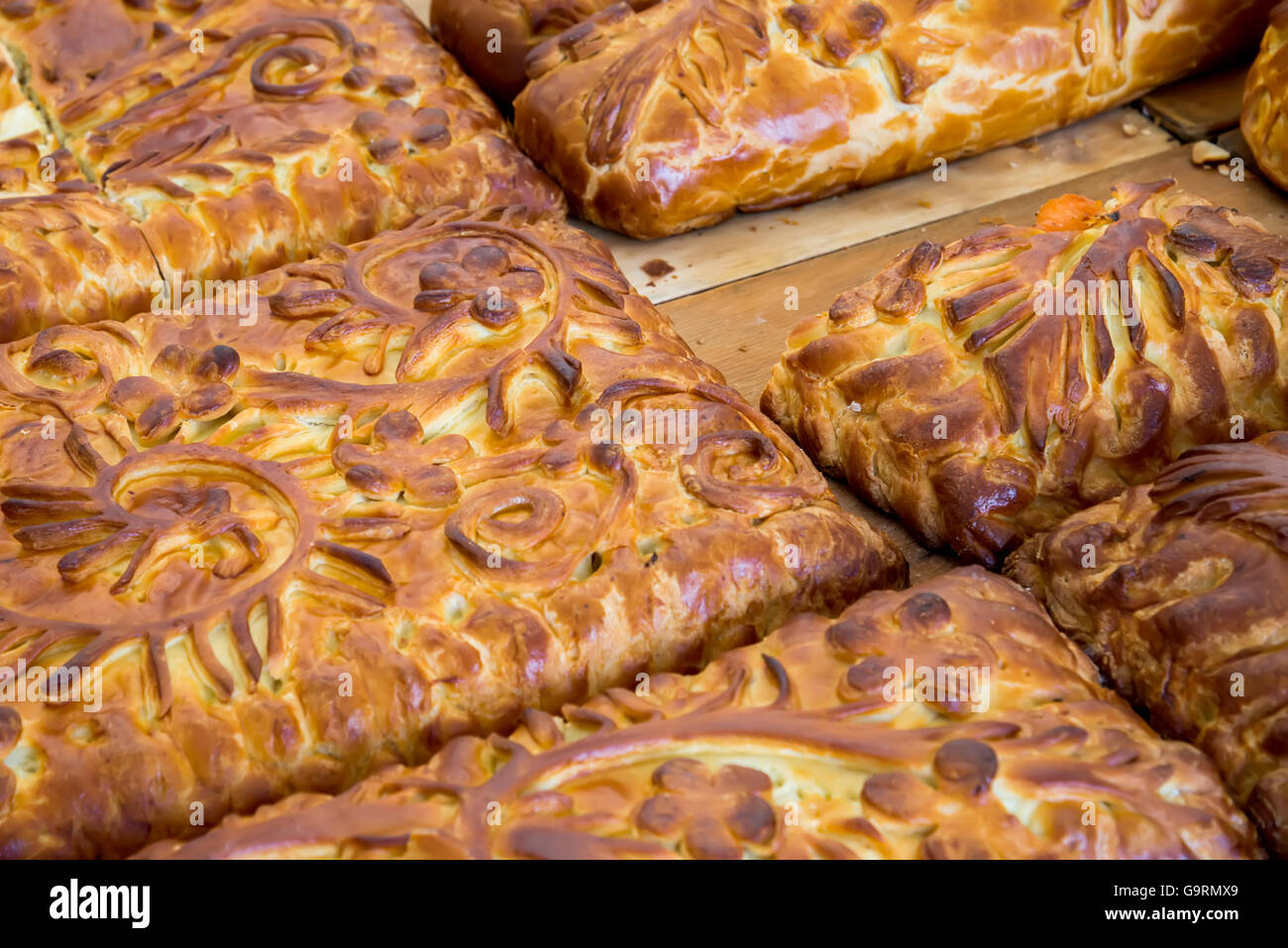 Kulebyaka cabbage pie close up. Russian cuisine Stock Photo