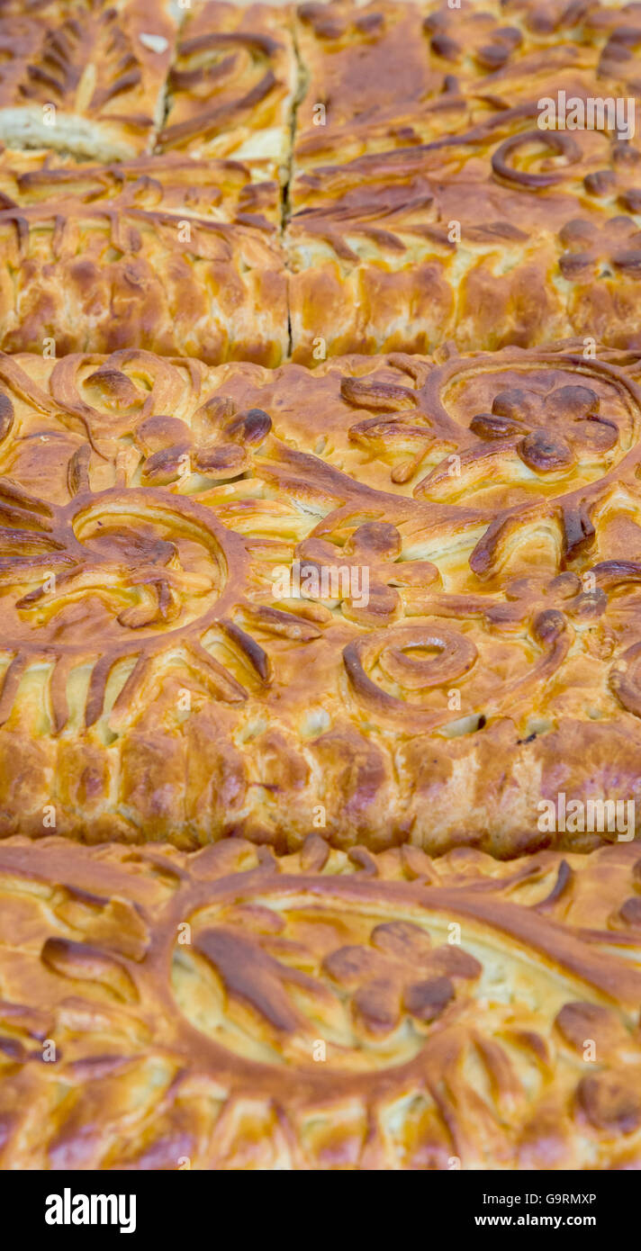 Kulebyaka cabbage pie close up. Russian cuisine Stock Photo
