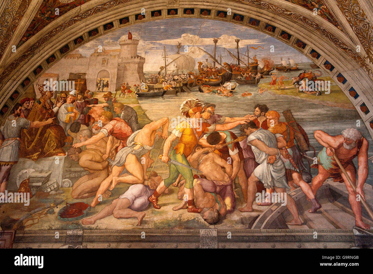 painting Battle of Ostia, by Raphael, fresco, Room of the Fire in the Borgo, Fresco, Fresko, Raphael's rooms, Apostolic Palace, Vatican Museums, Vatican city, Rome, Latium, Lazio, Italy, Europe / Vatican Stock Photo