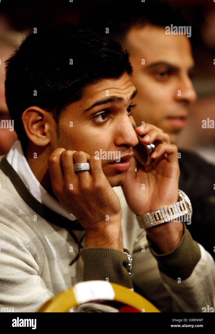 British boxer Amir Khan at the Liverpool Olympia during an evening of boxing which includes the WBU featherweight title fight between Derry Matthews and John Simpson Stock Photo