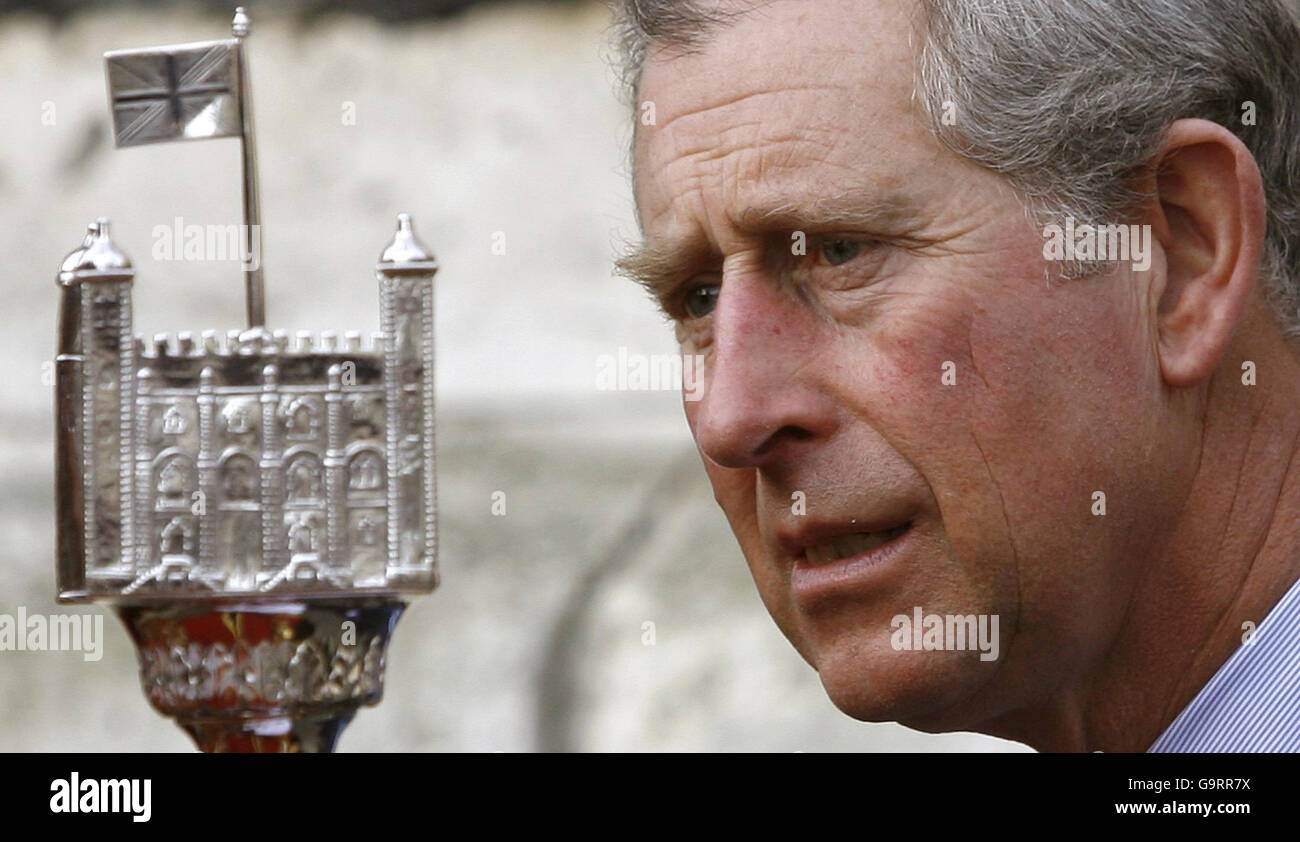 Britain's Prince Charles talks to a Beefeater (unseen), the colloquial name of the Yeomen Warders which are the guards of the Tower of London, during a visit and reception at the Tower of London to launch British Tourism Week Stock Photo