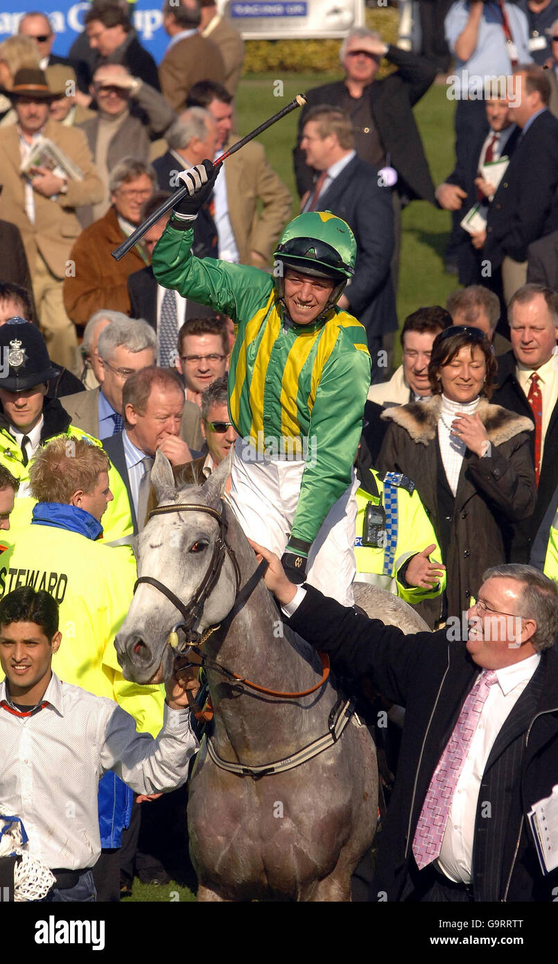 Horse Racing - Cheltenham Festival - Day One - Cheltenham. Jockey David Condon on Ebaziyan celebrates after winning the Anglo Irish Bank Supreme Novices' Hurdle at Cheltenham racecourse. Stock Photo