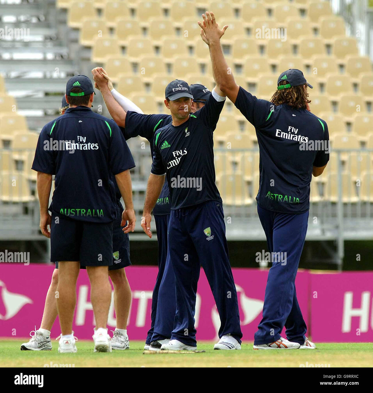 Cricket - ICC Cricket World Cup 2007 - Australia training/press conference - Warner Park. Australia's Ricky Ponting (centre) stretching with team-mates during a nets session at Warner Park, Basseterre, St Kitts. Stock Photo