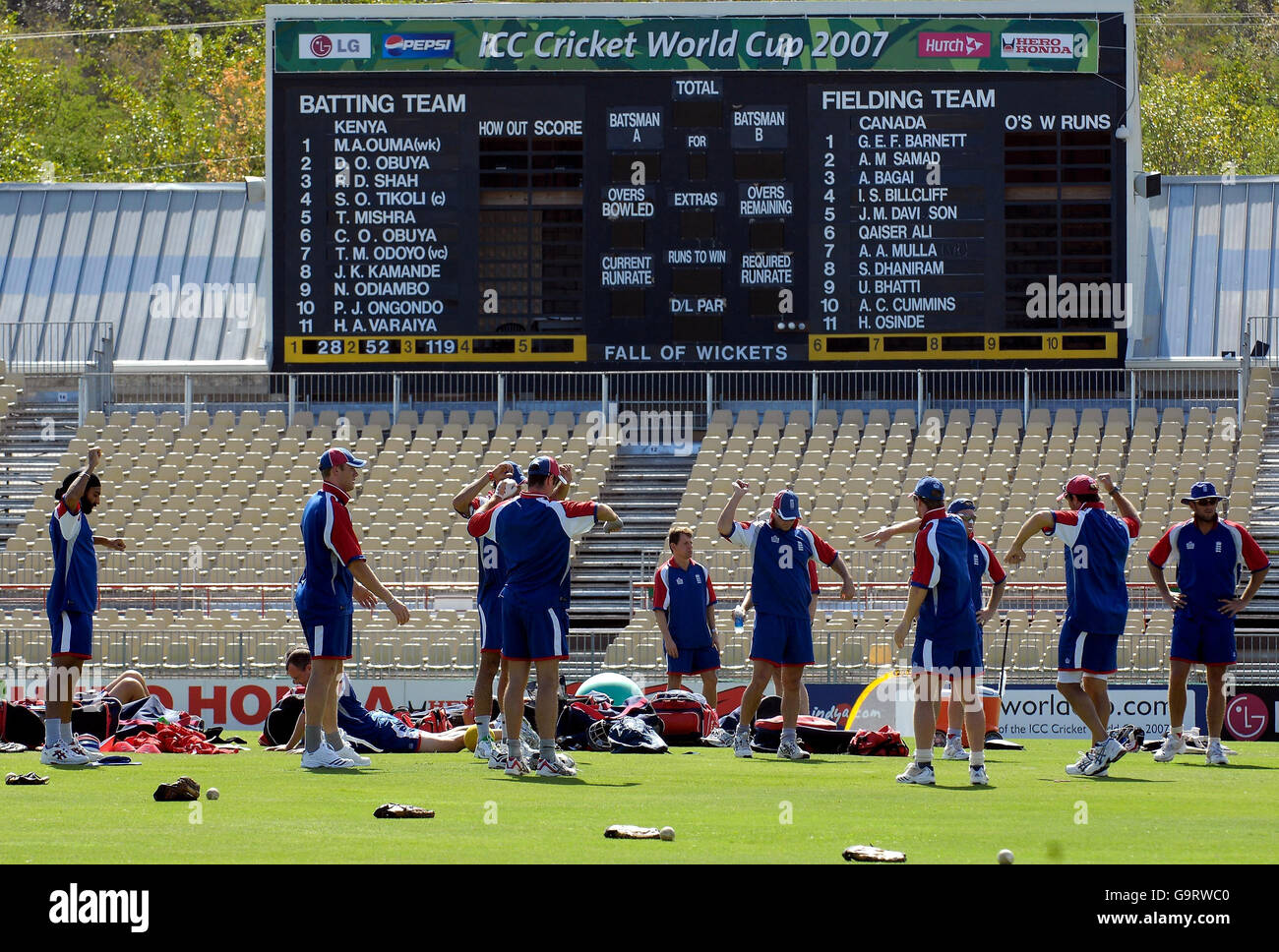 England warm up in front of the scoreboard during a practice session at the Beausejour Stadium, Gros Islet, St Lucia. Stock Photo