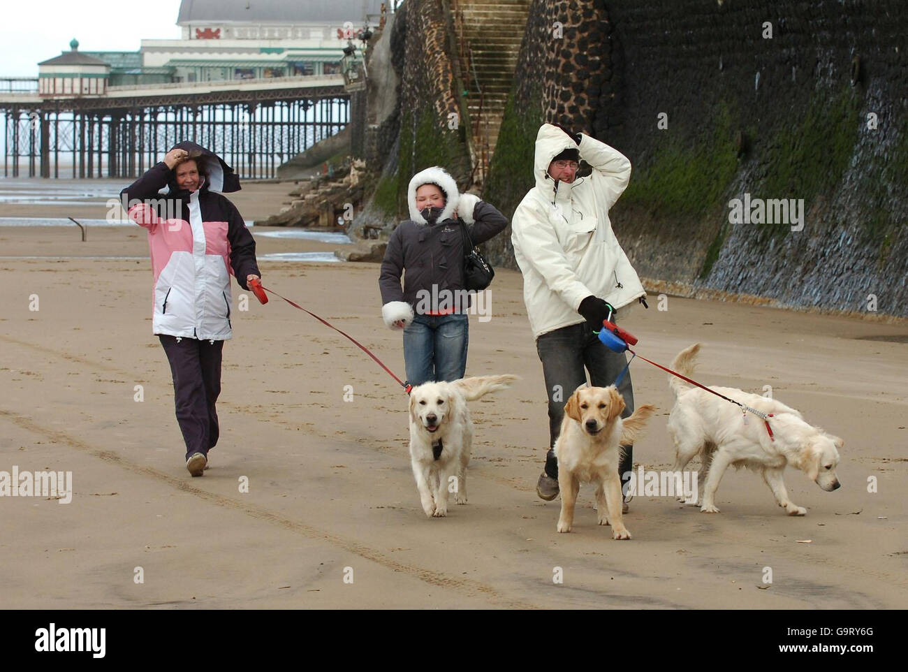 Wintry weather forecast. Walkers struggle in high winds in Blackpool. Stock Photo