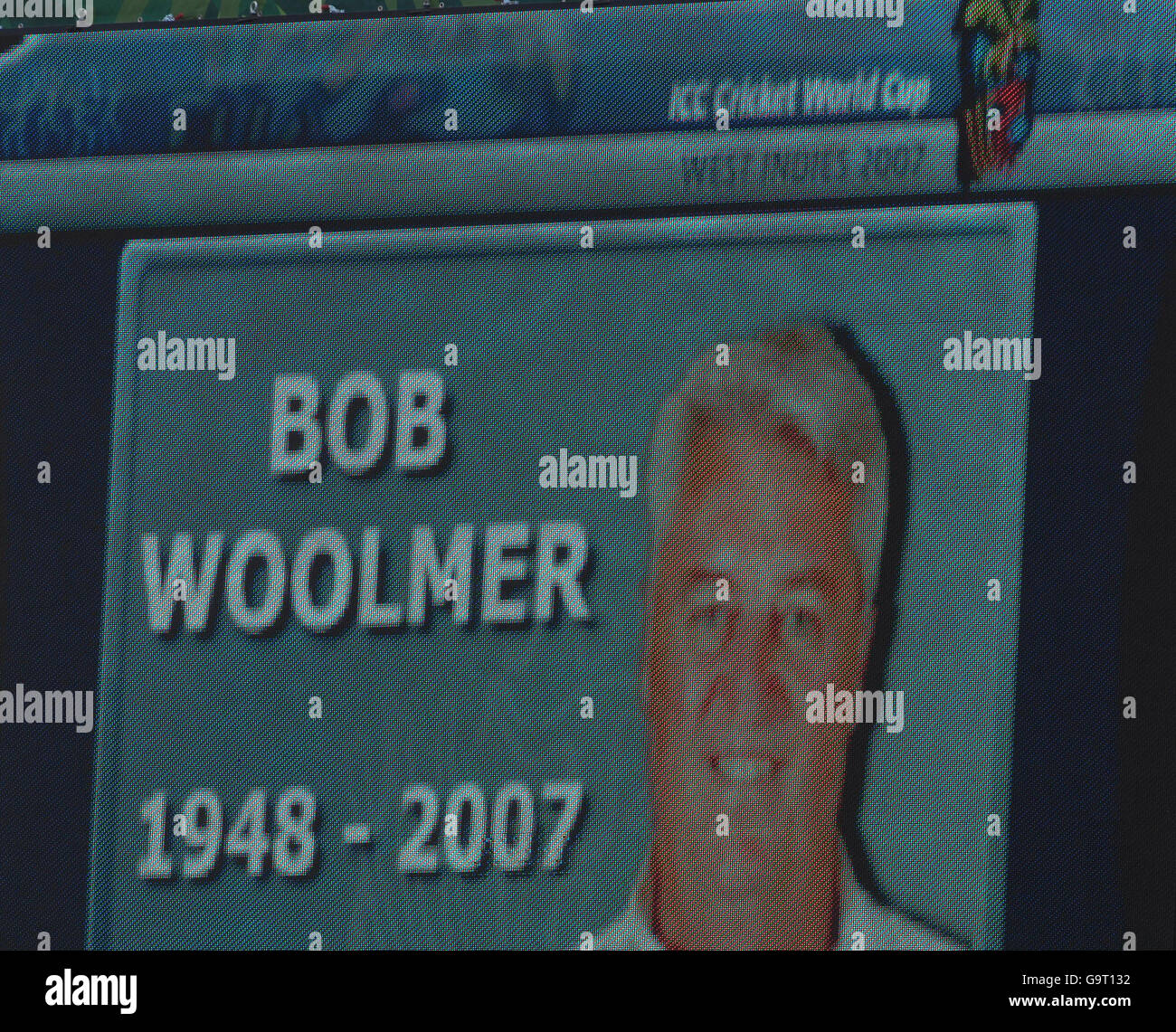 The scoreboard showing a tribute Bob Woolmer during the ICC Cricket World Cup 2007 match at the Beausejour Stadium, Gros Islet, St Lucia. Stock Photo