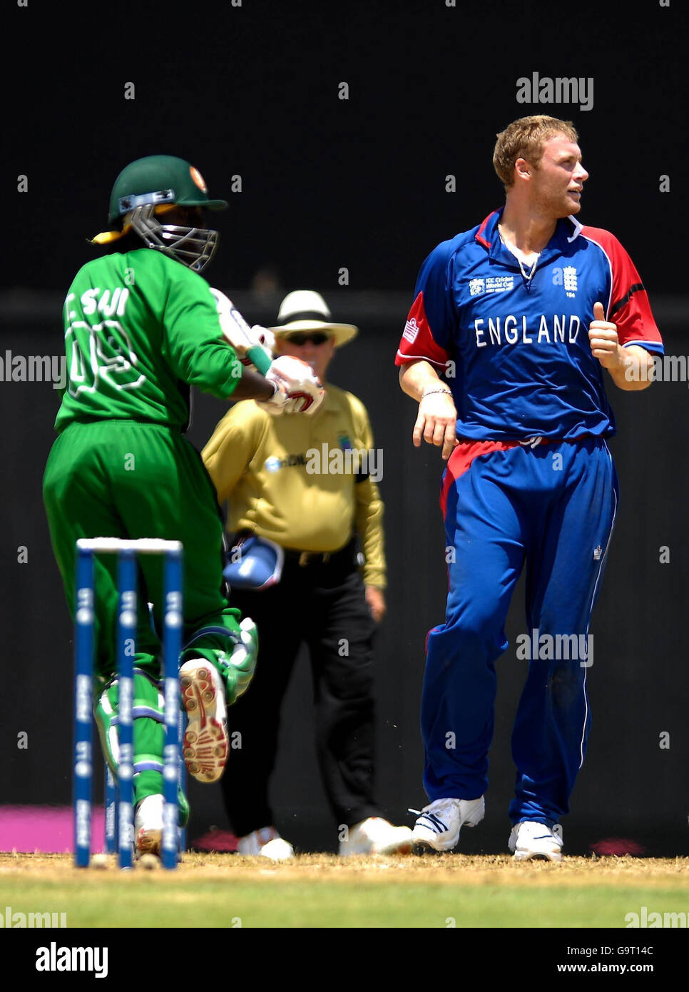 Kenya's Tony Suji scores runs from the bowling of England's Andrew