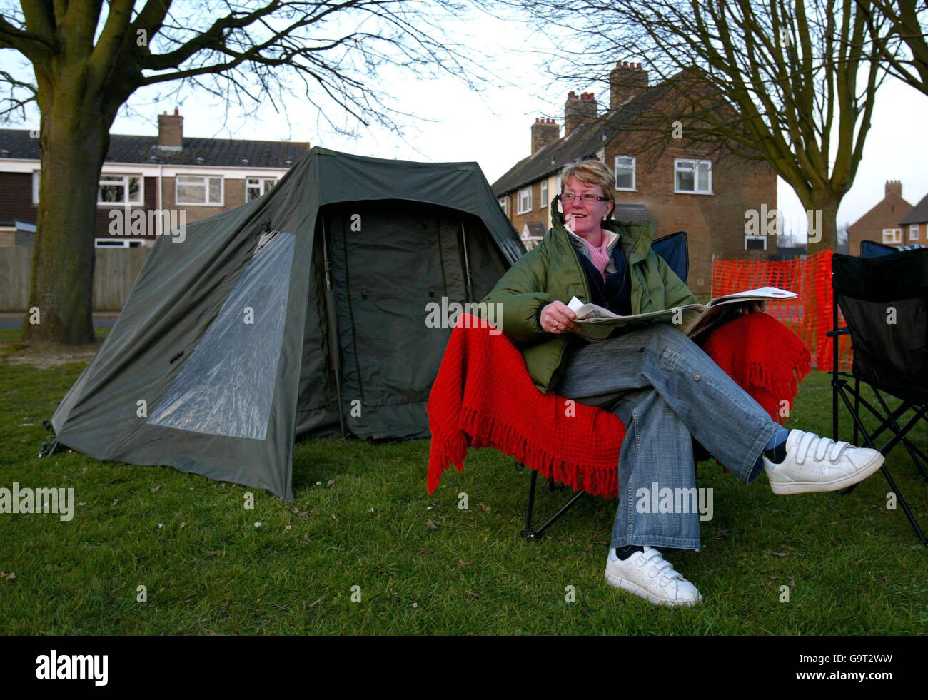 Jane Algar, from Coltishall, Norfolk, camps out at RAF Coltishall, to stake a claim for a ex MoD property when they are released for sale early next month. Stock Photo