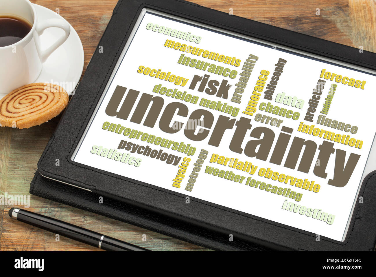uncertainty and risk word cloud on a digital tablet with a cup of coffee Stock Photo