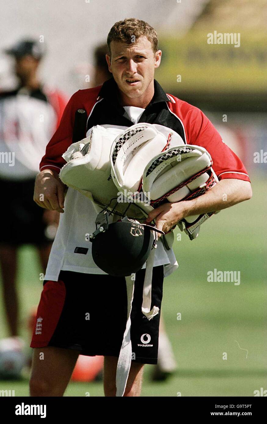 Cricket - The Ashes - Ist Test - England v Australia - Nets. England's Mike Atherton loaded down as he leaves the field ahead of the first Test at Edgebaston Stock Photo