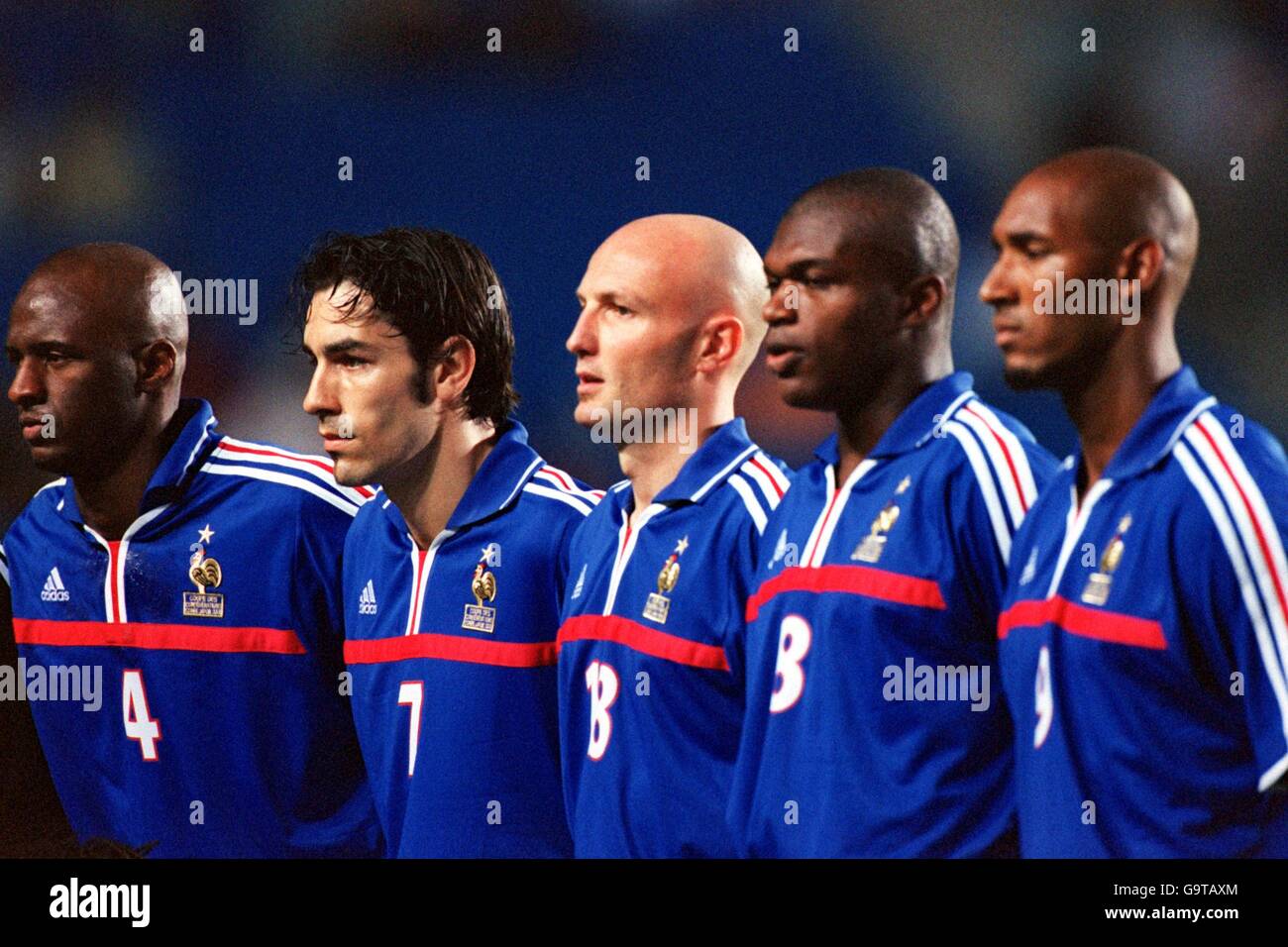(L-R) France's Patrick Vieira, Robert Pires, Frank Leboeuf, Marcel Desailly and Nicolas Anelka line up before the game Stock Photo