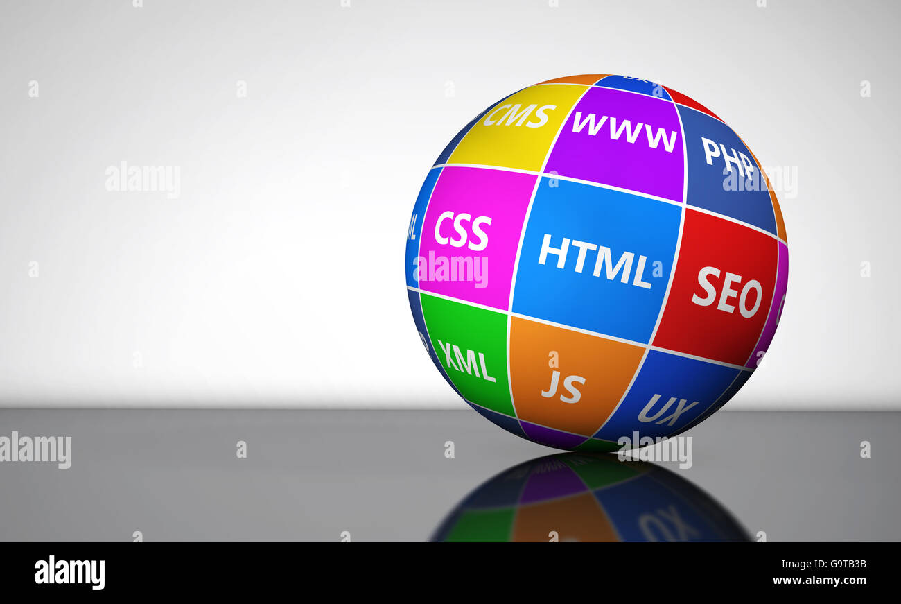 Website, Internet and digital media development concept with programming languages sign on a colorful globe. Stock Photo