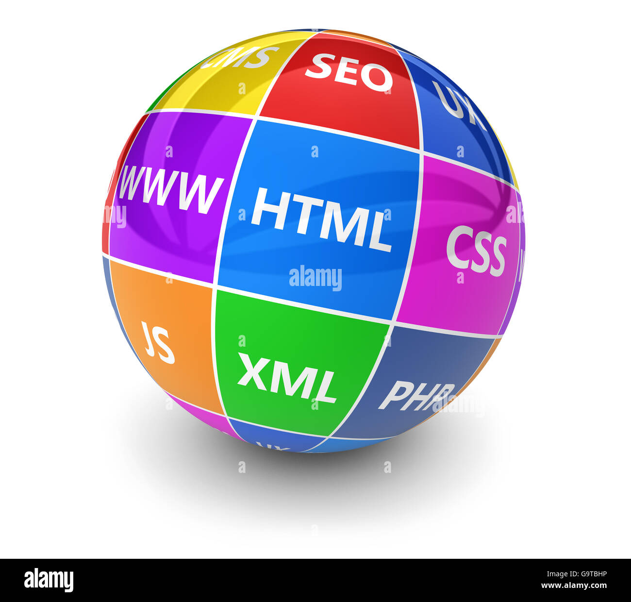 Website, Internet and digital media development concept with programming languages sign on a colorful globe 3d illustration. Stock Photo