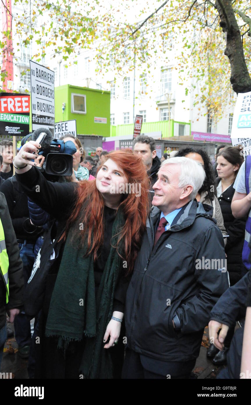 The Labour Shadow Chancellor, John McDonnell, has a selfie taken by a student, outside Birbeck University, London. Stock Photo