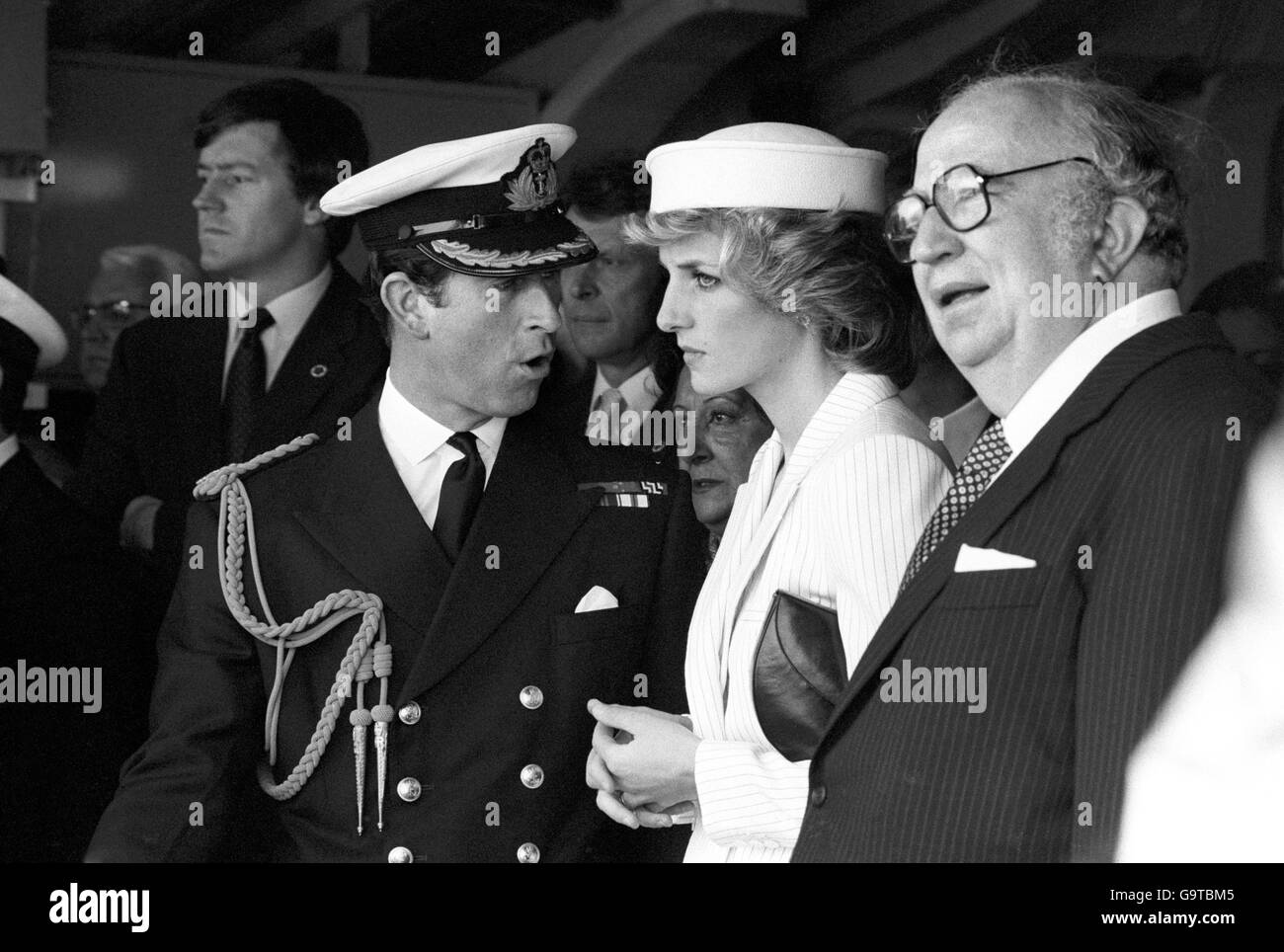The Prince and Princess of Wales aboard the frigate Grecale, during their visit to the military port of La Spezia, Italy. With them is Italian Defence Minister, Giovanni Spadolini. Stock Photo
