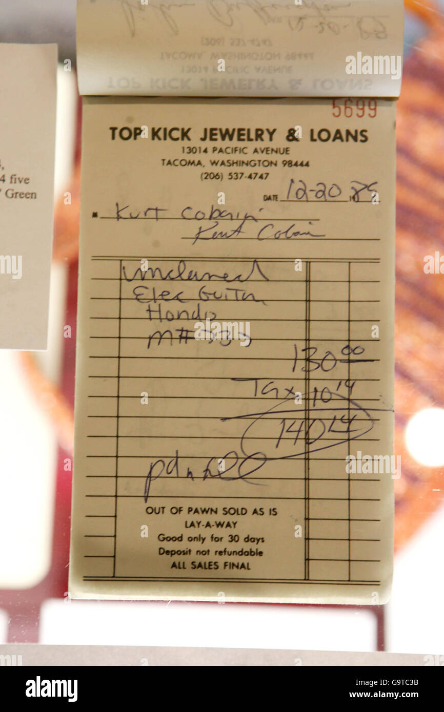 A receipt from a pawn shop signed by Kurt Cobain on display at the Clarence Hotel in Dublin before it is auctioned in New Yok next week in aid of the Music Rising Charity. Stock Photo