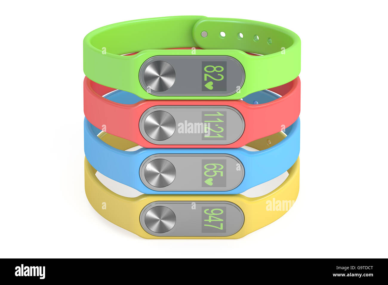 set of colored activity trackers or fitness bracelets, 3D rendering isolated on white background Stock Photo
