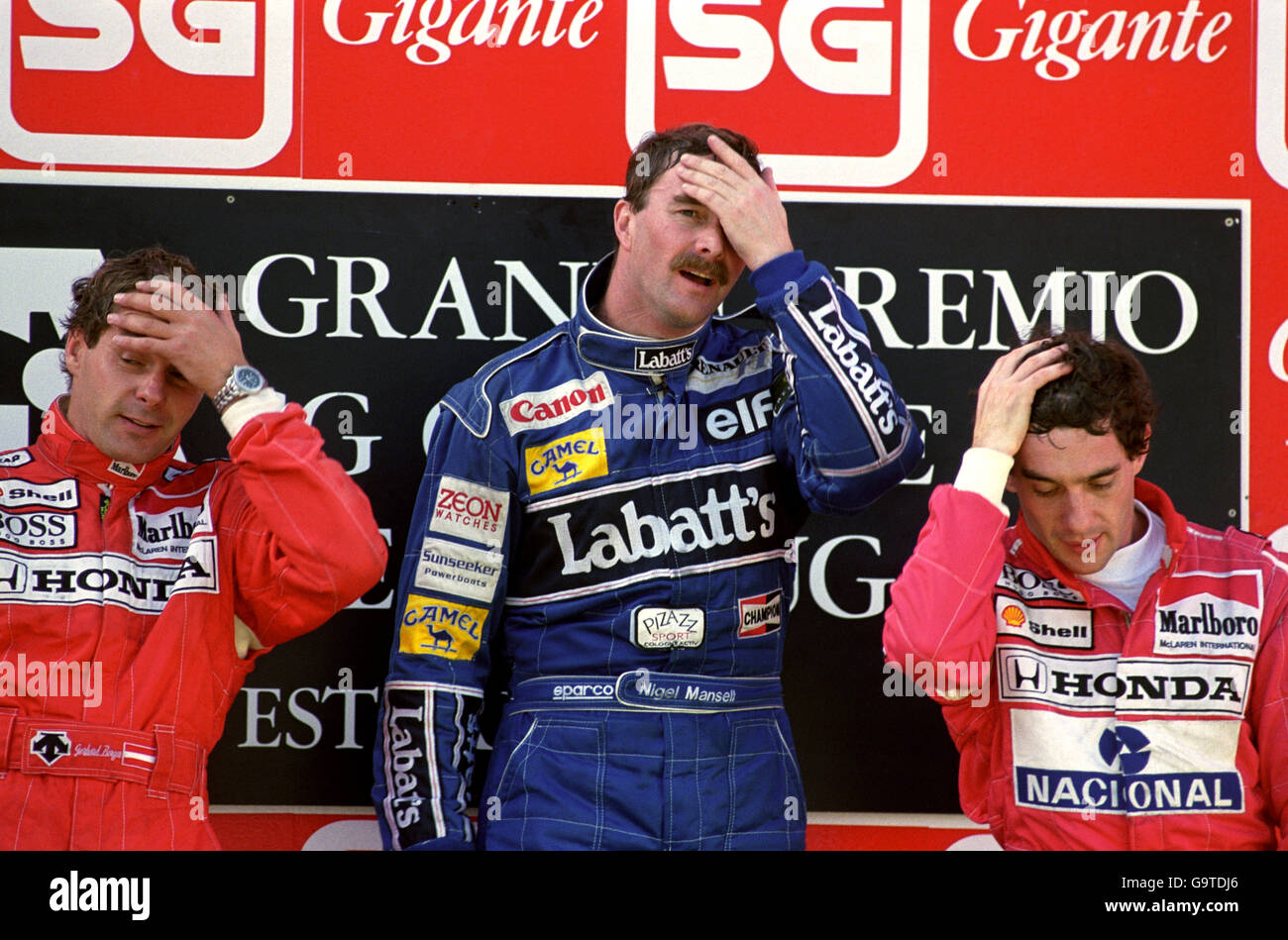 GERHARD BERGER, NIGEL MANSELL AND AYRTON SENNA SENNA SHOW SIGNS OF