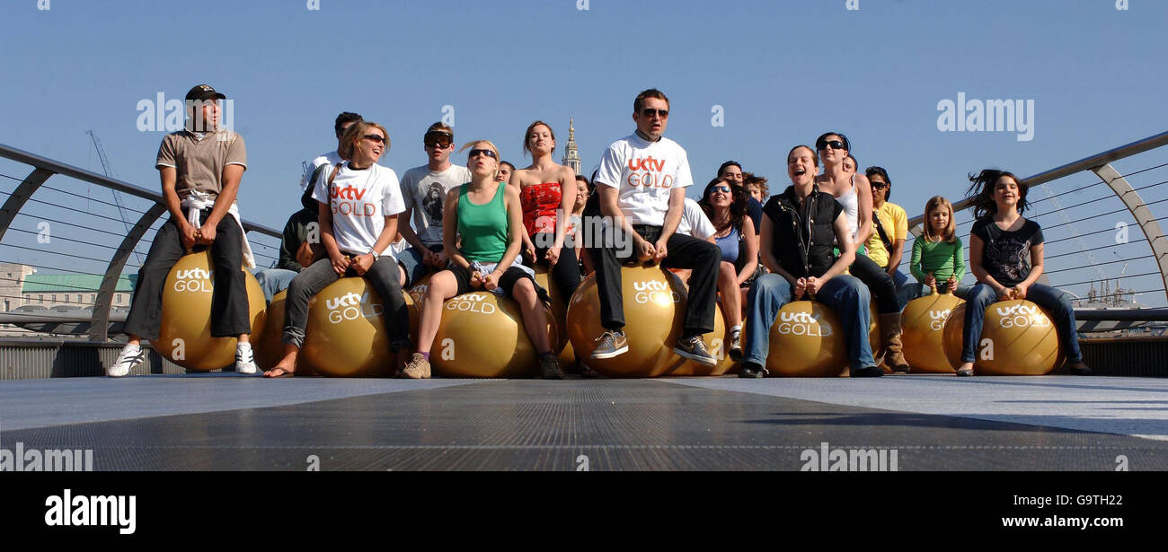 Some of the 600 people who bounced simultaneously on gold space hoppers