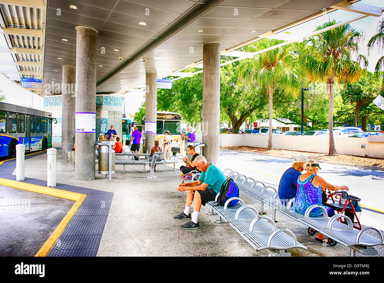 People at the bus Station on downtown Sarasota, FL Stock Photo