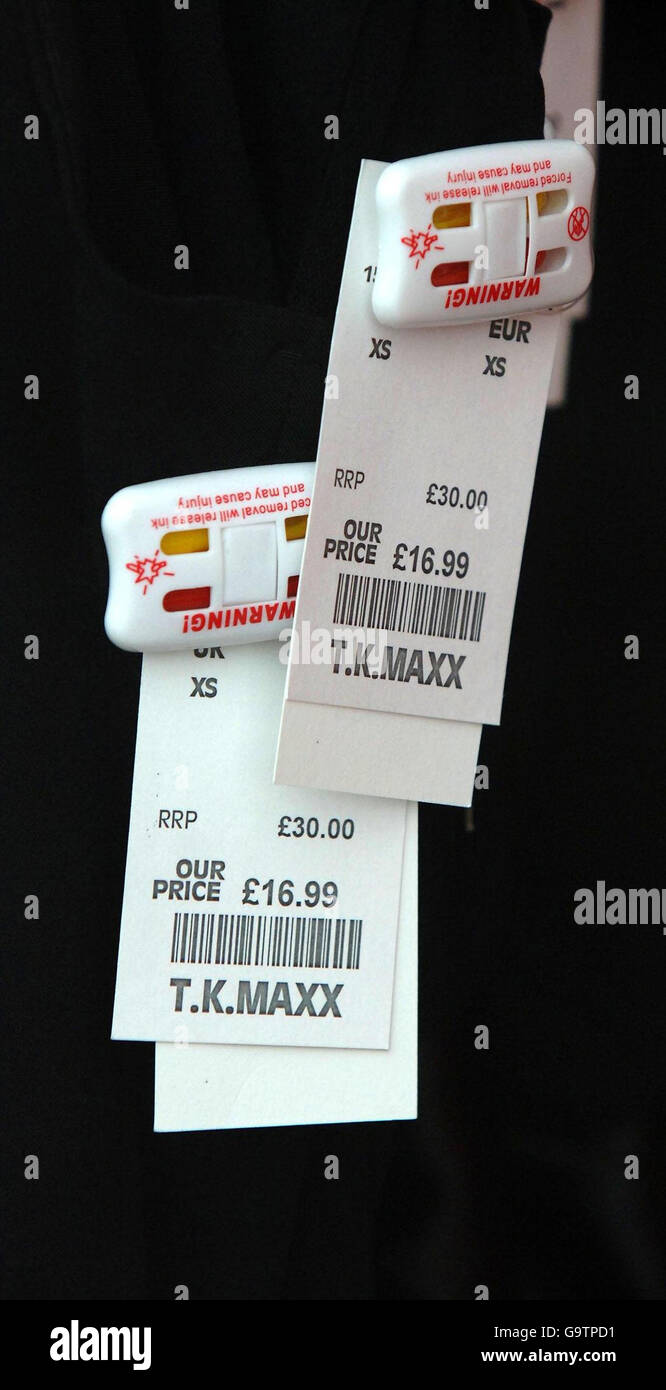 View of price tags on clothes in the cutprice shop TKMaxx in London