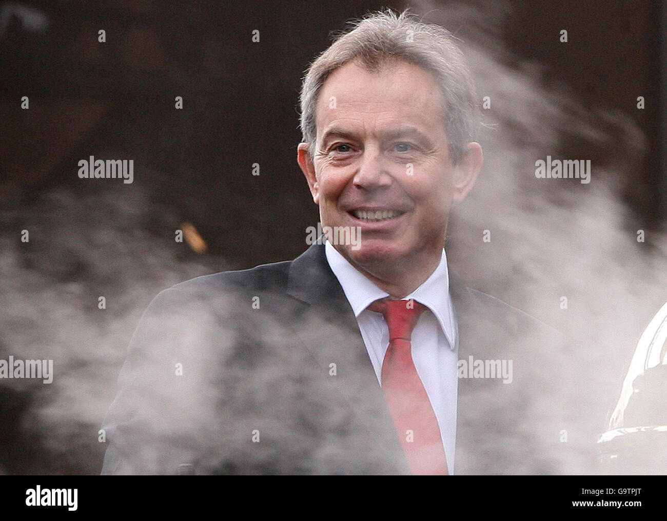 British Prime Minister Tony Blair on board a steam train during his visit to The Museum of Science and Industry in Manchester where outline his vision for the future of 'flexi-Britain'. Stock Photo